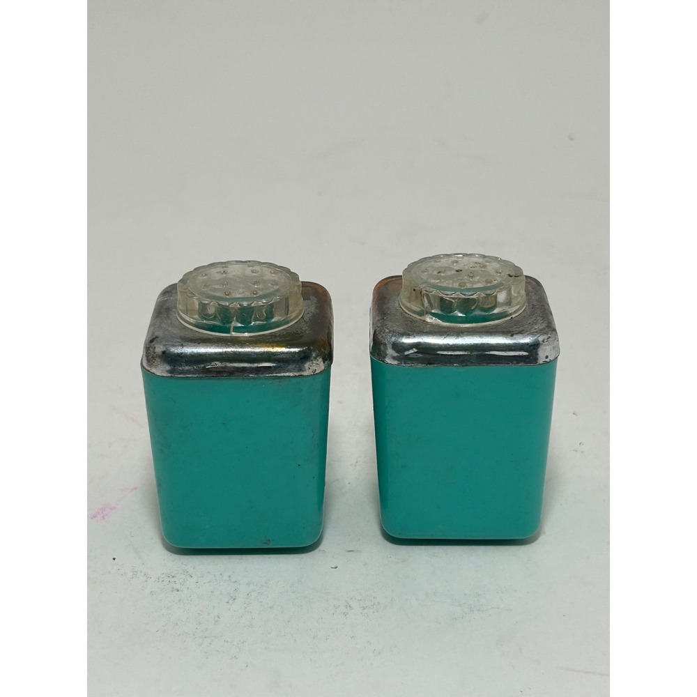 Vintage Turquoise Teal Salt and Pepper Shakers Chrome Top Mid Century Retro 2pc